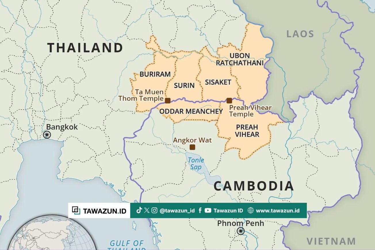 FOTO Peta perbatasan Thailand dan Kamboja dan sebaran wilayah konflik. (Britannica.com/Encyclopaedia Britannica)